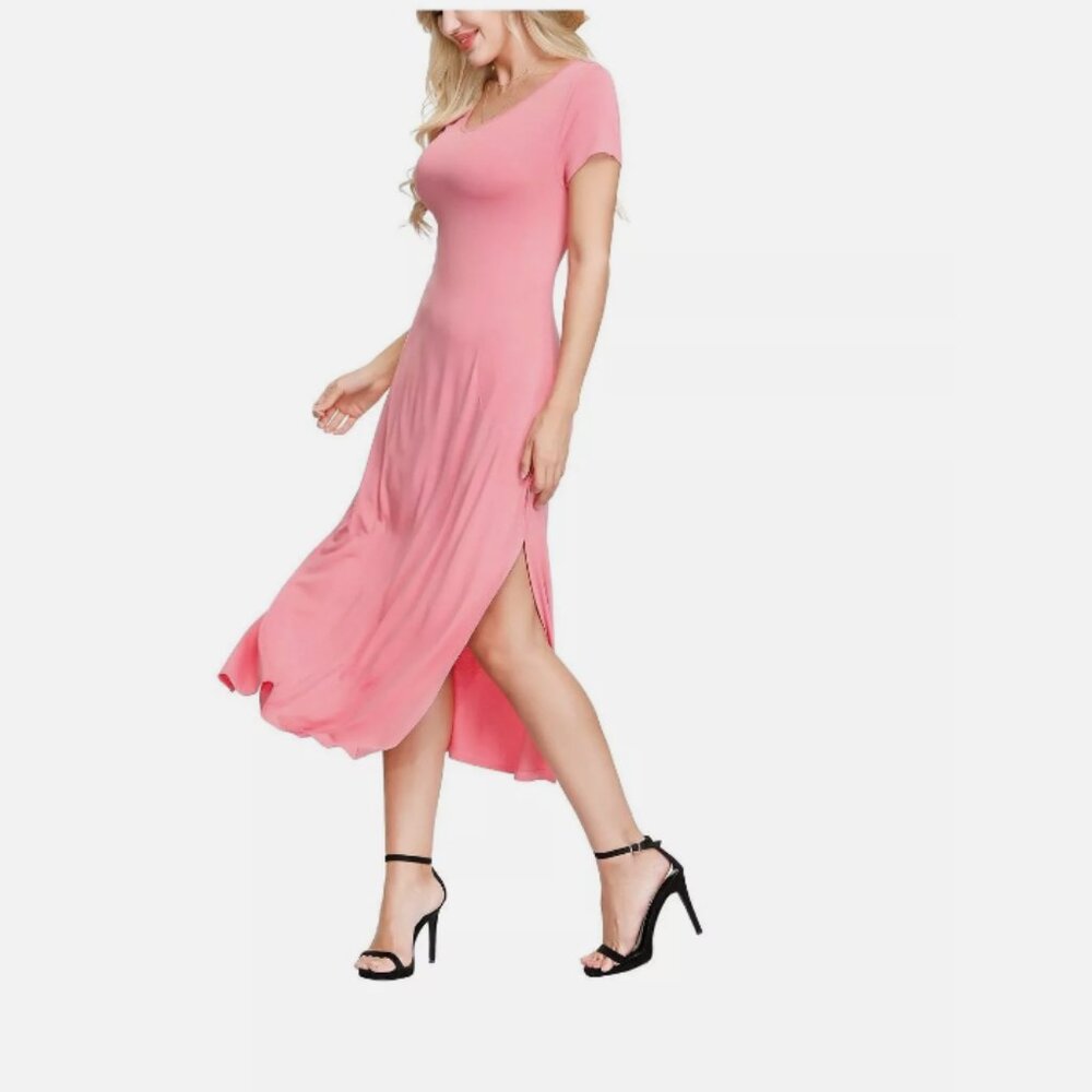 INK + IVY Women's T-Shirt Dress V-Neck Slit Maxi Pink Size Medium M